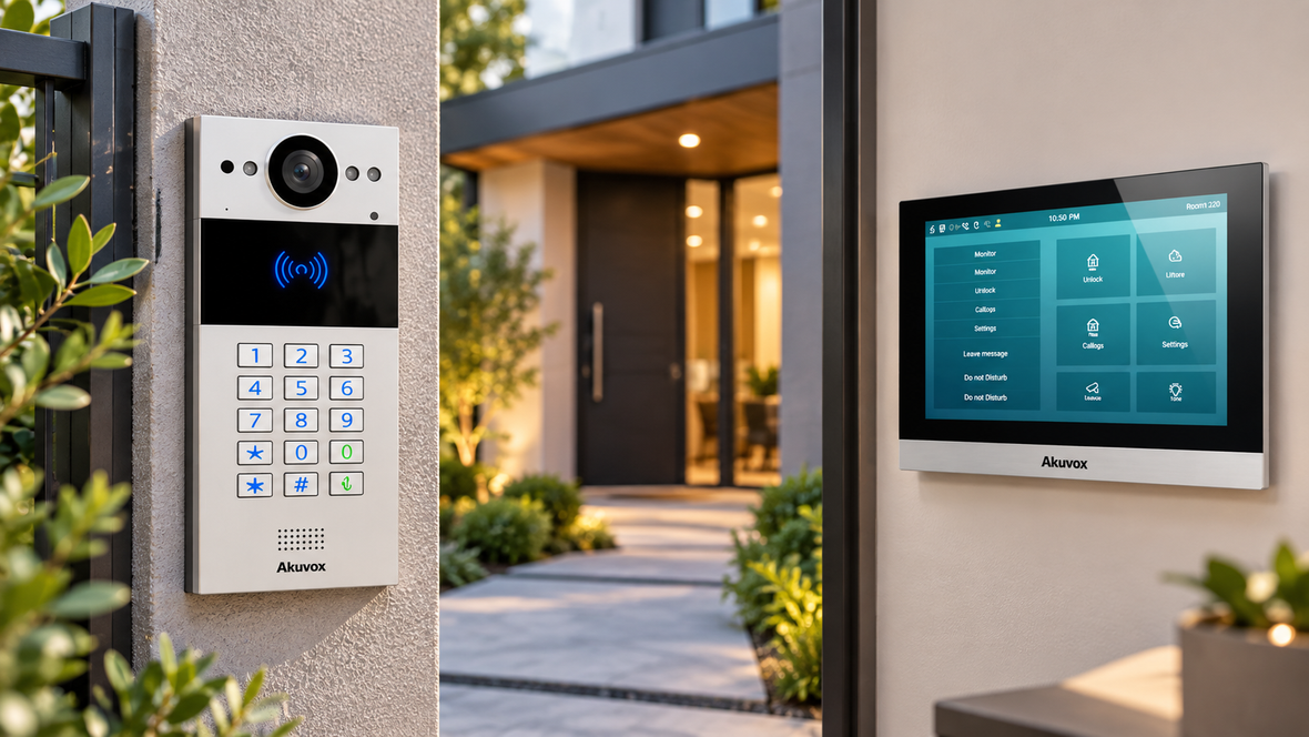 Akuvox video intercom with keypad and indoor touchscreen monitor for smart townhouse entrance access control in NZ.