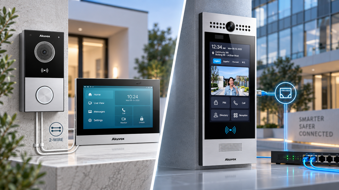 Akuvox 2-Wire and IP Intercom Range - Retrofit-friendly SIP door entry with keypad, RF reader and PoE options for apartment and office access control NZ