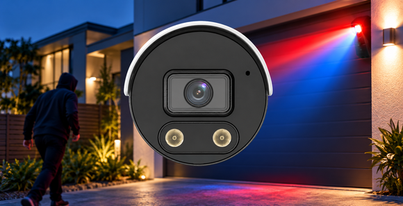 Active deterrence security camera with red and blue warning lights protecting a modern home at night.