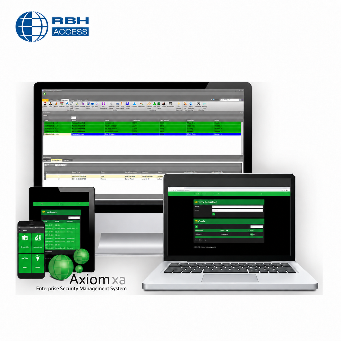 RBH Axiomxa enterprise access control software displayed across desktop, laptop, tablet and smartphone screens with RBH Access branding.