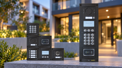 BPT modular intercom panels with keypads, call buttons and proximity readers in front of a blurred apartment complex.