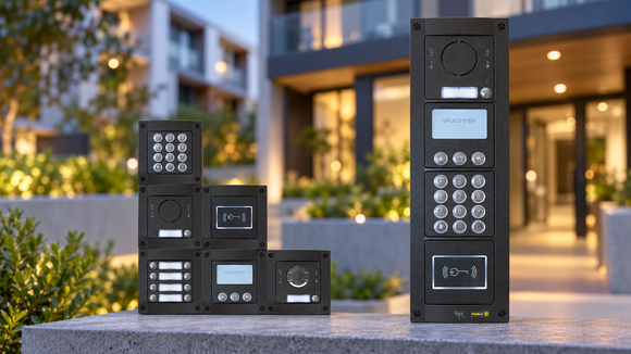 BPT modular intercom panels with keypads, call buttons and proximity readers in front of a blurred apartment complex.