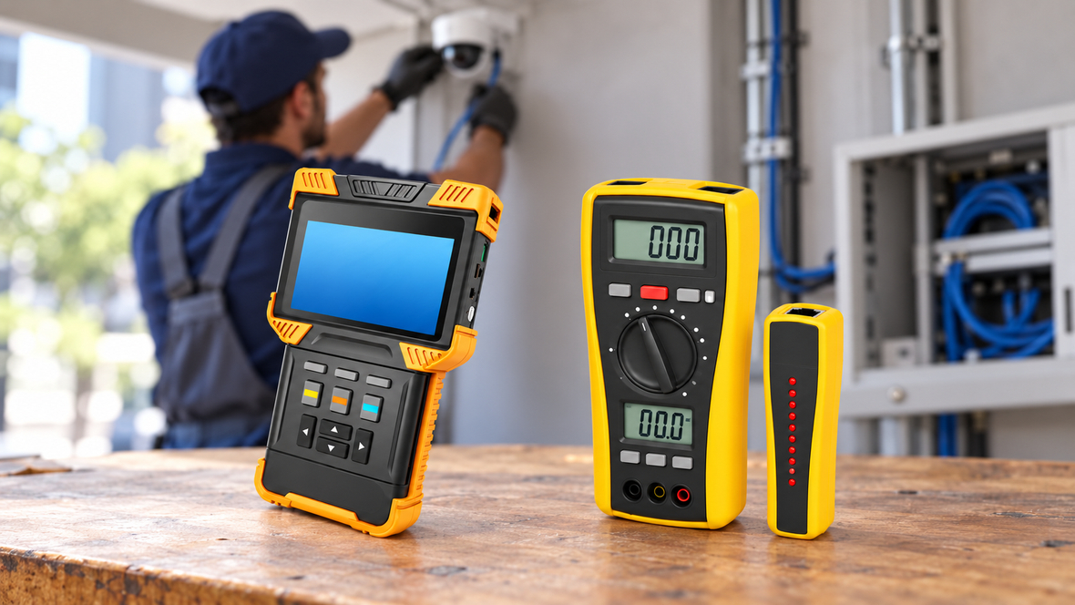 CCTV field tester and network cable tester on a workbench, with a technician installing a security camera in the blurred background.
