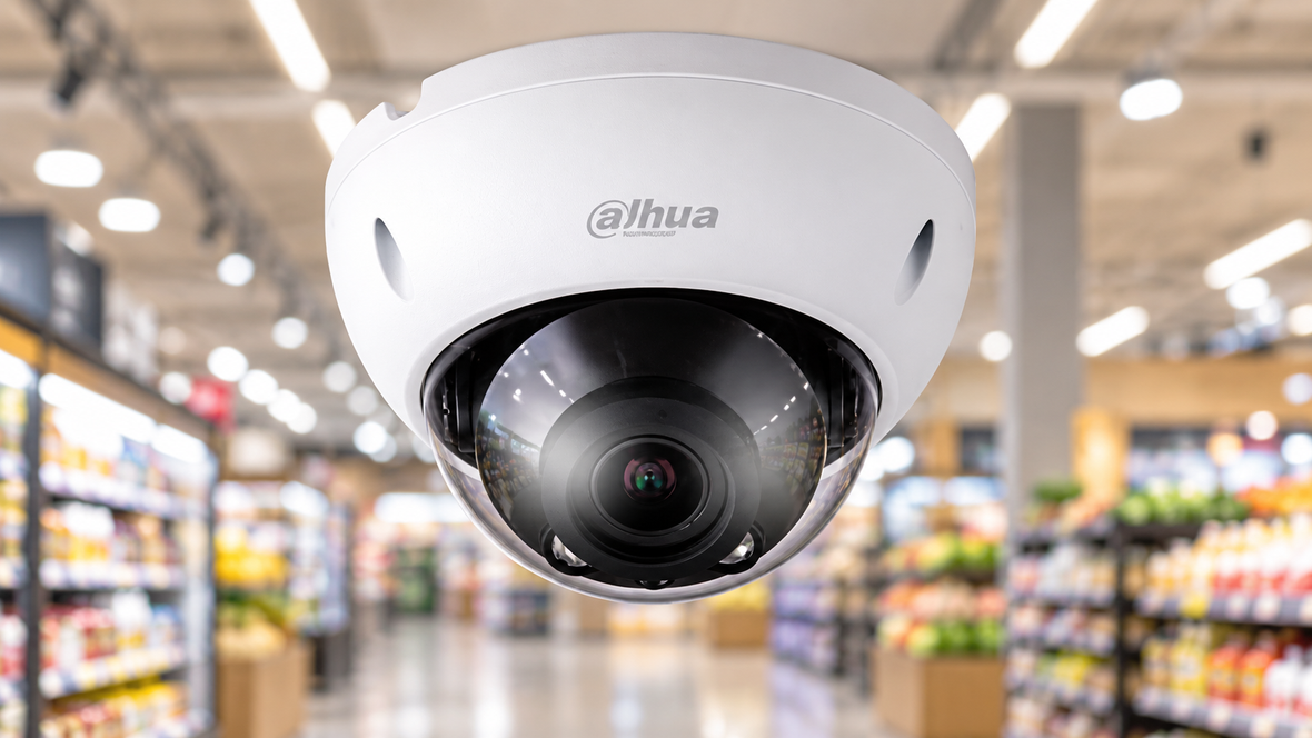 Dahua dome security camera in a modern supermarket aisle with shelves and retail displays softly blurred in the background.