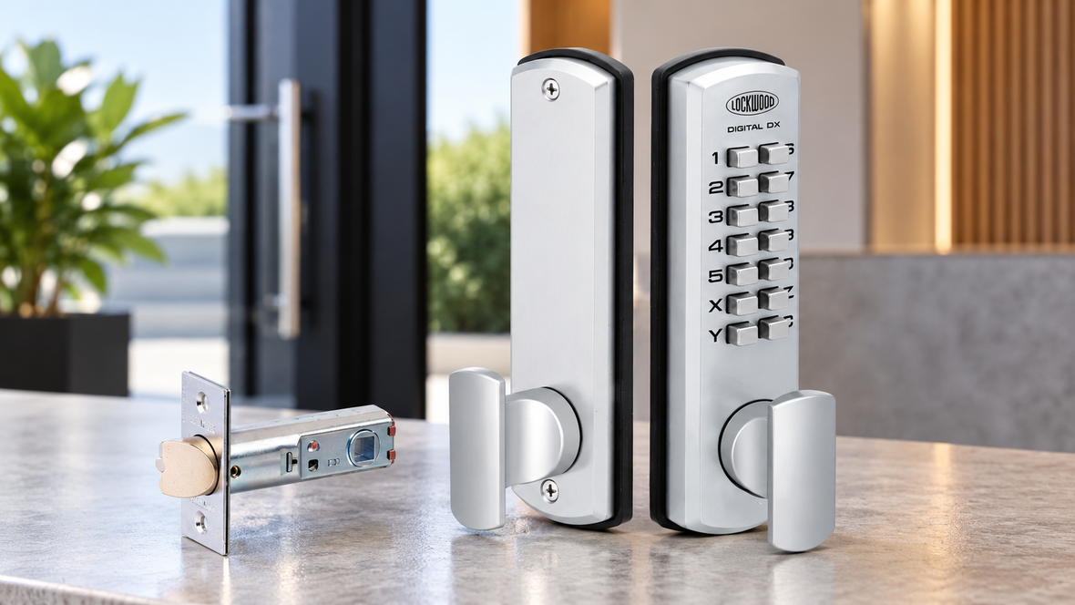 Lockwood Digital DX mechanical keypad door lock set in satin silver, with internal and external lock plates and latch, displayed in a modern commercial entrance.