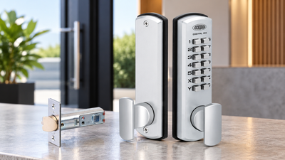 Lockwood Digital DX mechanical keypad door lock set in satin silver, with internal and external lock plates and latch, displayed in a modern commercial entrance.