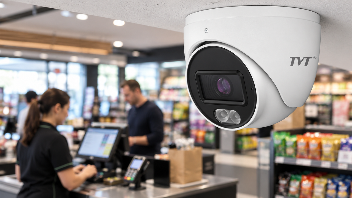 TVT turret security camera monitoring a retail point-of-sale checkout area with cashier, customer and payment terminal.
