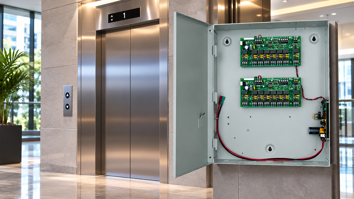 Lift control cabinet with dual control boards and wiring installed beside a stainless steel commercial elevator.