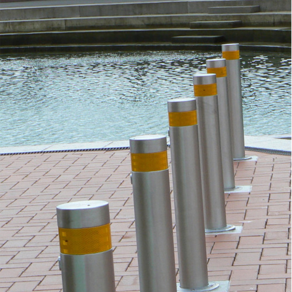 Stainless steel security bollards protecting a pedestrian access area in New Zealand