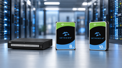 Dahua NVR with Seagate SkyHawk 8TB and 10TB surveillance hard drives in a modern server room.