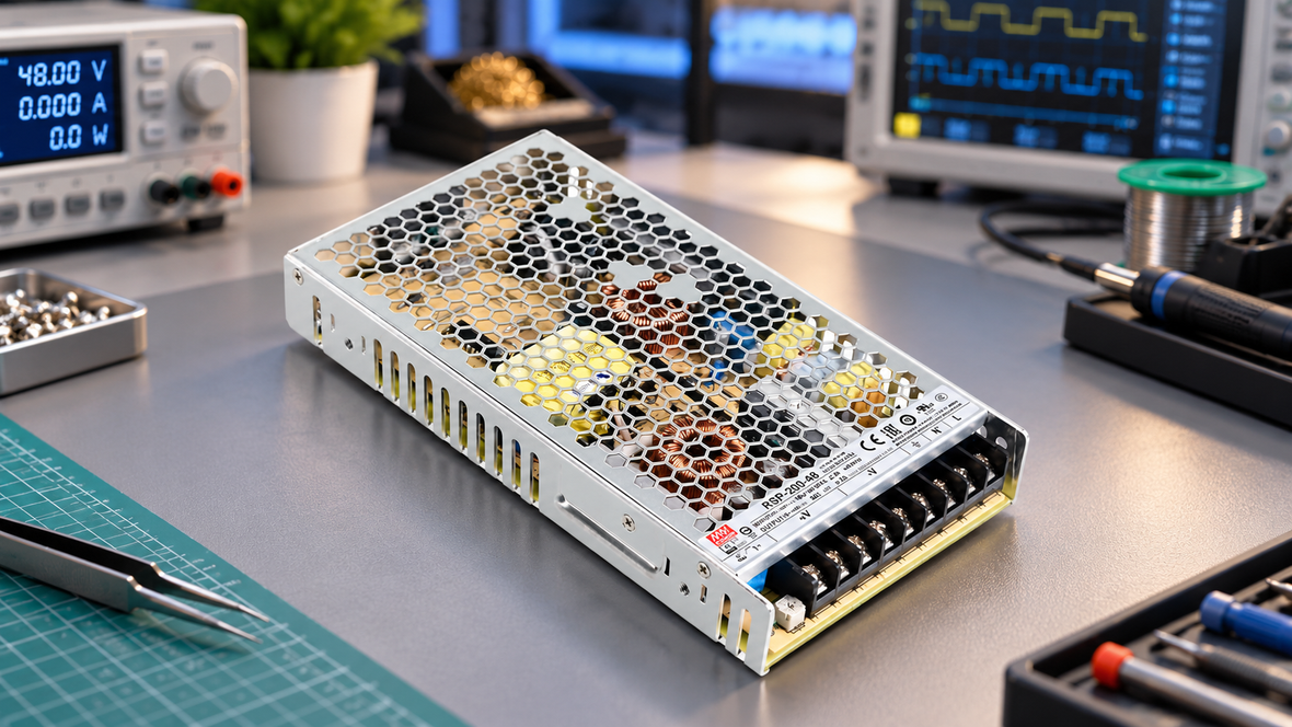 Mean Well RSP-200-48 enclosed 48V power supply on a professional electronics workbench with test equipment and tools.