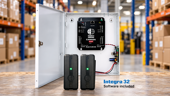 RBH Integra32 access control panel with two card readers displayed in a commercial warehouse setting.