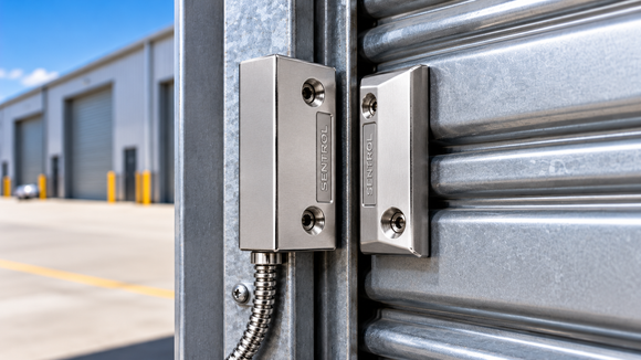 Sentrol heavy-duty security door contact on an industrial roller shutter door at a New Zealand commercial warehouse.