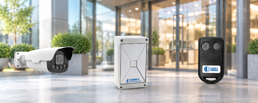 RBH access control reader, remote fob and security camera displayed outside a modern commercial building entrance.