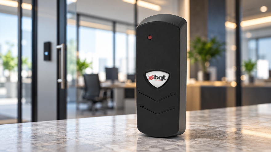 BQT access control reader displayed in a modern office environment with glass doors and workspaces in the background.