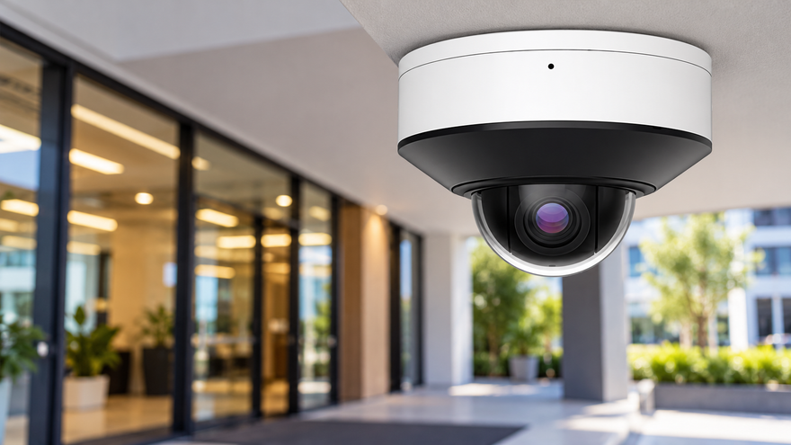 White and black dome CCTV security camera mounted under a commercial building entrance, monitoring the outdoor walkway and glass doors.
