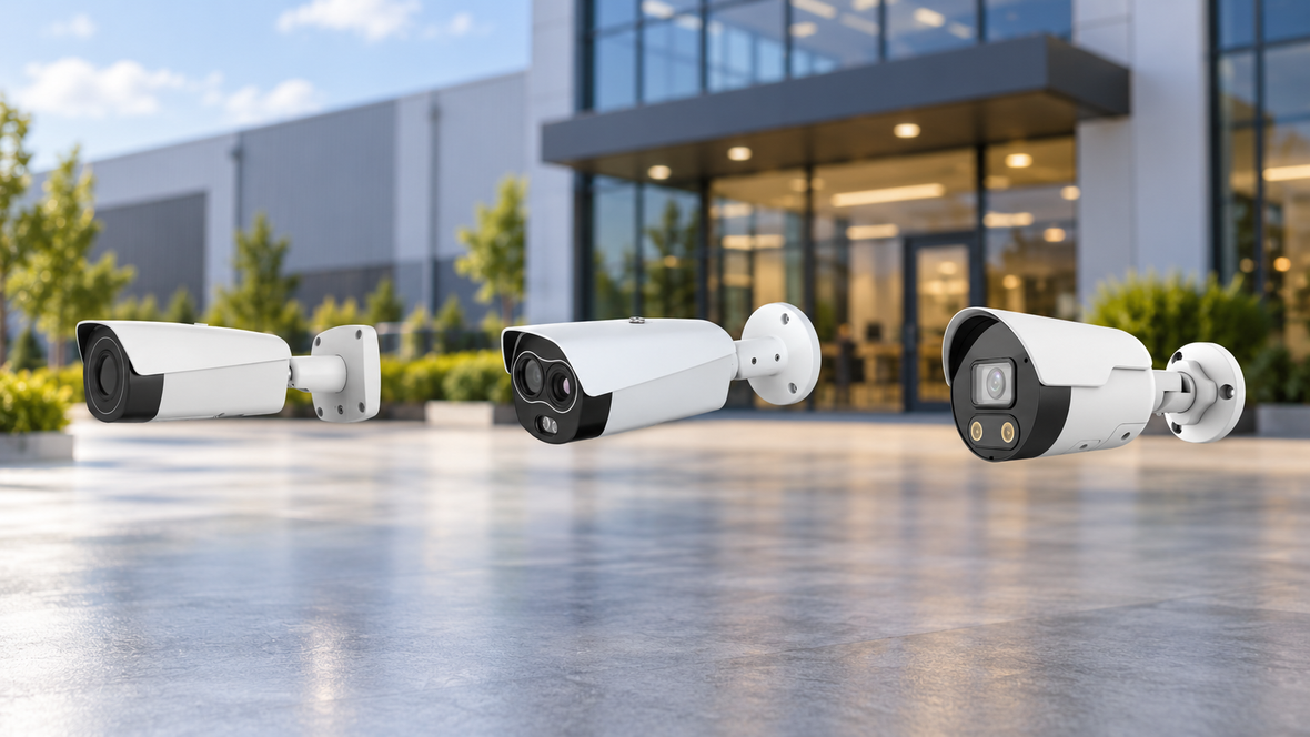Three white commercial CCTV bullet cameras displayed against a modern office building entrance background.