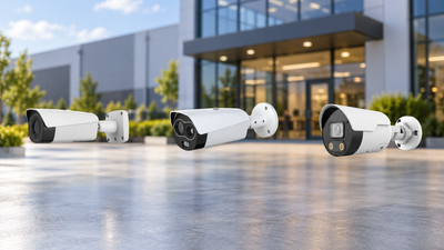 Three white commercial CCTV bullet cameras displayed against a modern office building entrance background.