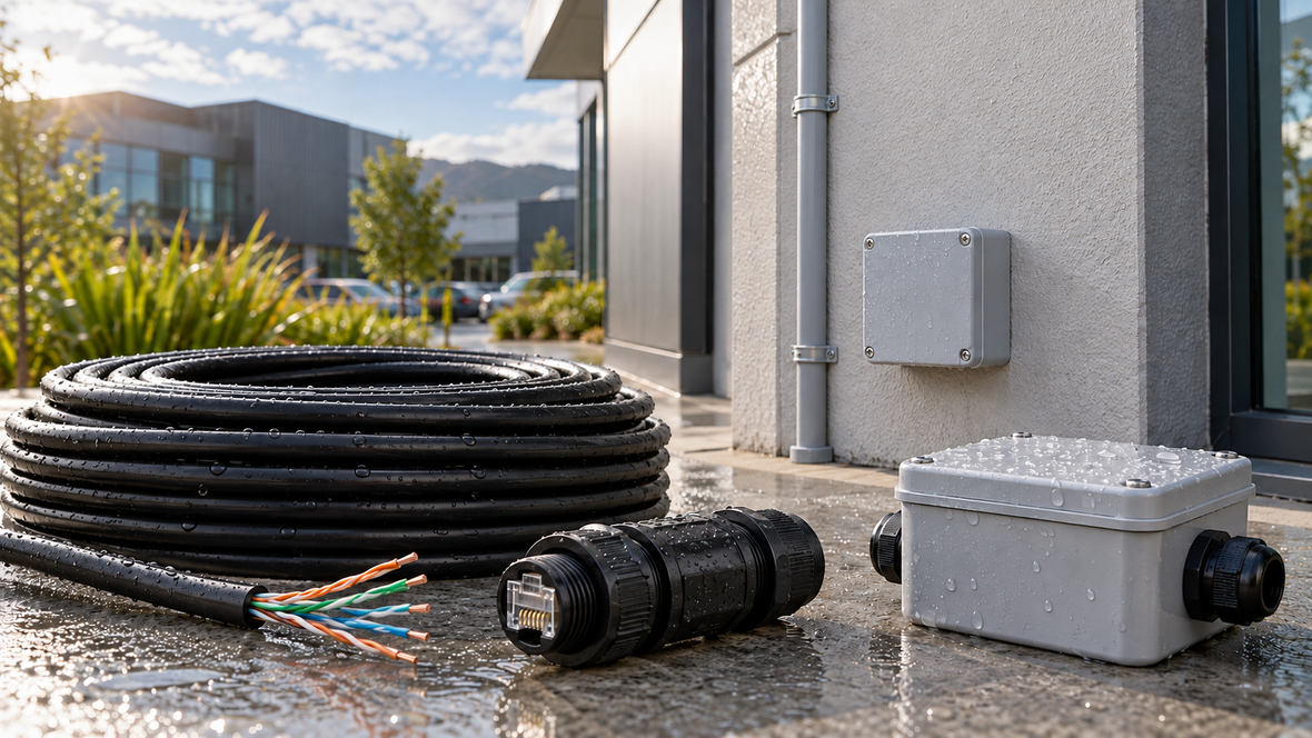 Outdoor Ethernet cable with exposed twisted pairs, a weatherproof RJ45 connector and junction boxes beside grey exterior conduit.