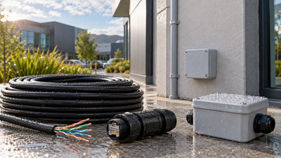 Outdoor Ethernet cable with exposed twisted pairs, a weatherproof RJ45 connector and junction boxes beside grey exterior conduit.
