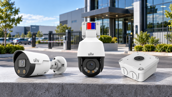 UNV bullet and PTZ security cameras with junction box displayed against a modern commercial building and vehicle gate background.