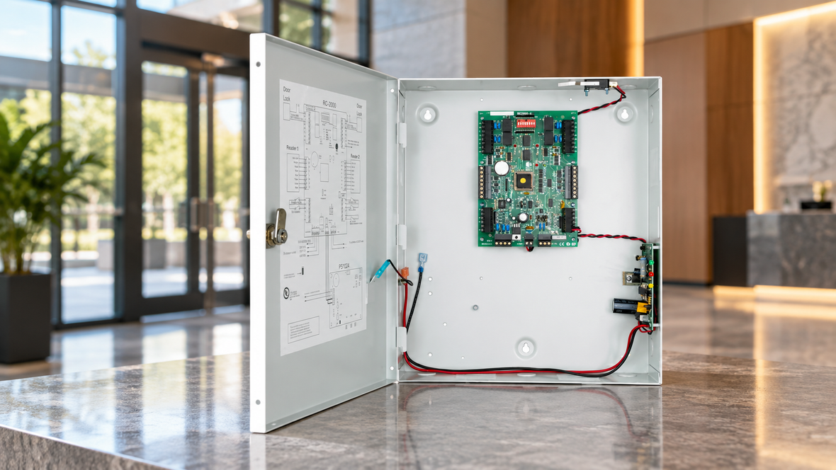 RBH access control panel with open metal enclosure displaying controller circuit board and wiring in a modern commercial building lobby.