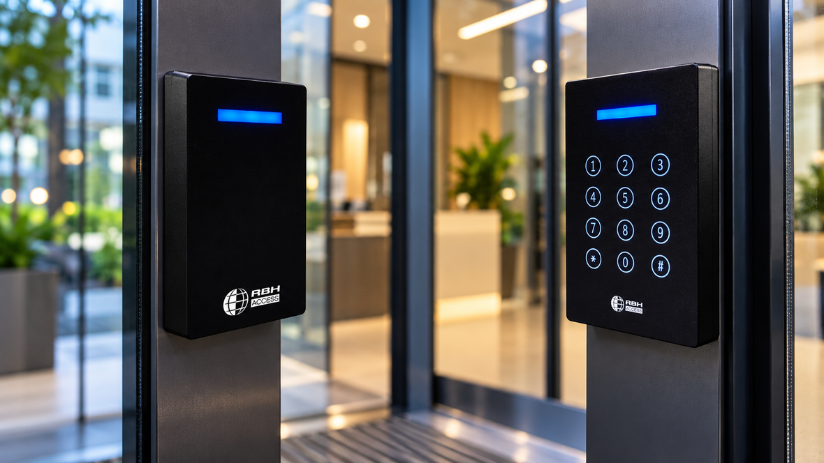 RBH access control card reader and keypad mounted at a modern commercial entrance in New Zealand.