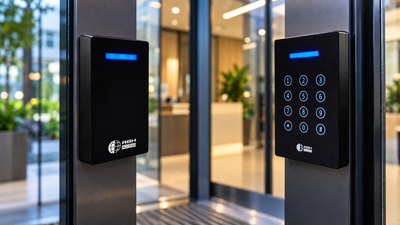 RBH access control card reader and keypad mounted at a modern commercial entrance in New Zealand.