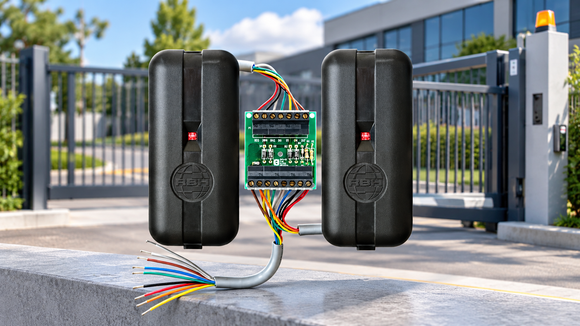 RBH access control reader kit with dual black readers, interface board and coloured wiring, shown against a commercial sliding gate entrance.
