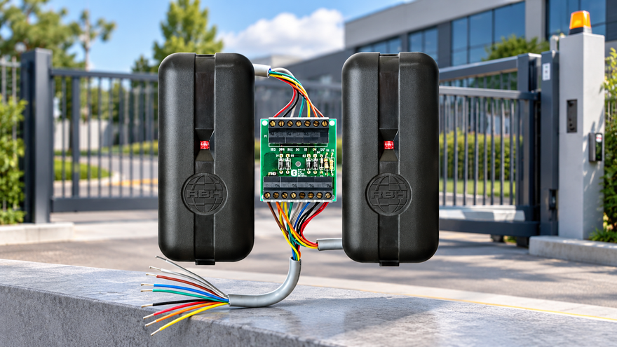 RBH access control reader kit with dual black readers, interface board and coloured wiring, shown against a commercial sliding gate entrance.