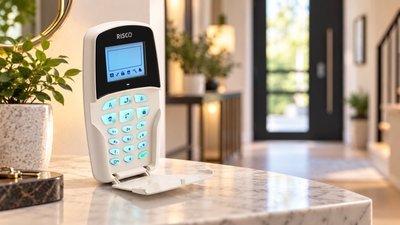 RISCO alarm keypad with illuminated controls in a modern residential entryway security setting.