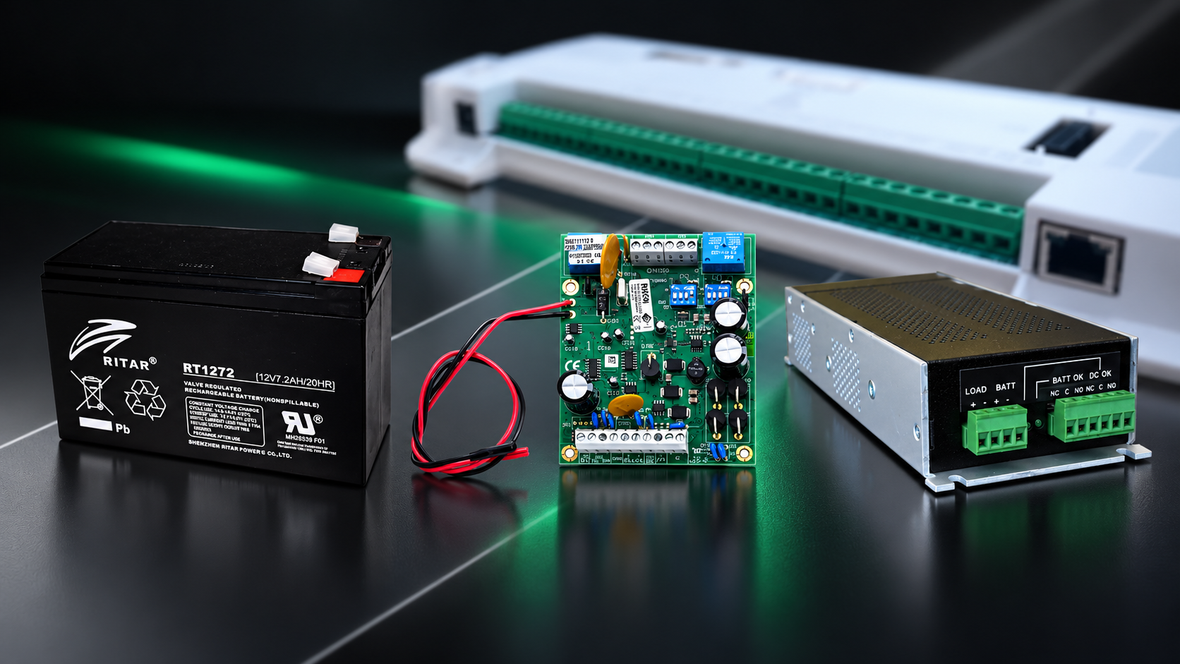 Alarm backup battery, Risco charging module and power supply with a blurred Risco alarm panel in the background.