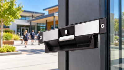 FSH electric strike lock at a school entrance, illustrating electronic door access control in New Zealand.
