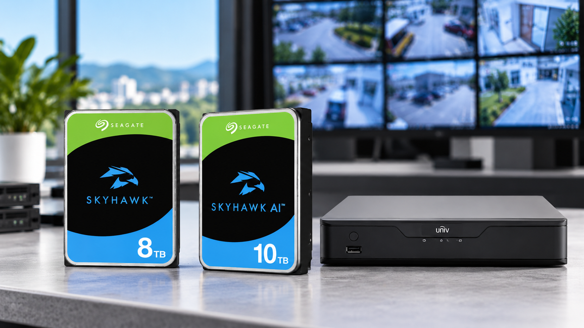Seagate SkyHawk 8TB and 10TB surveillance hard drives beside a Uniview NVR in a professional CCTV monitoring environment.
