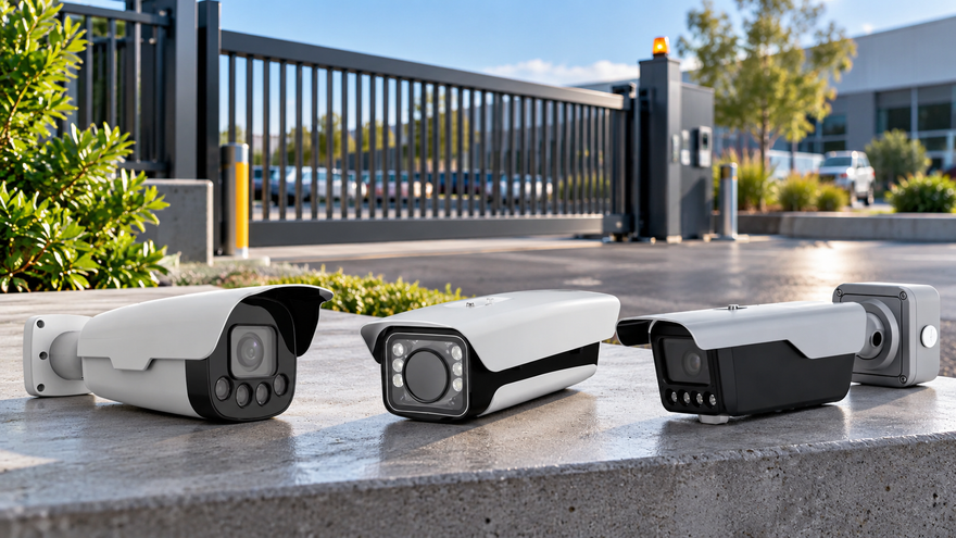 Three commercial CCTV cameras displayed in front of a secure vehicle entrance gate at a modern business premises.