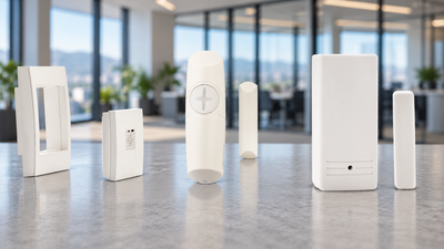 Glass-break, shock and vibration detectors displayed against a blurred commercial office background.