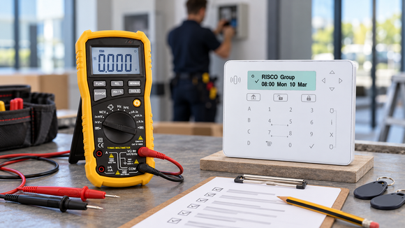 Digital multimeter and Risco alarm keypad beside a commissioning checklist, with a technician testing a security system before project handover.