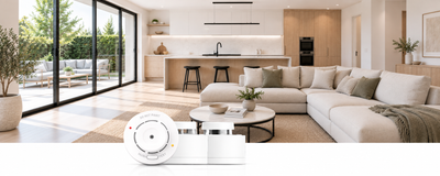 White smoke detectors displayed in a modern New Zealand home interior with open-plan kitchen and living area.