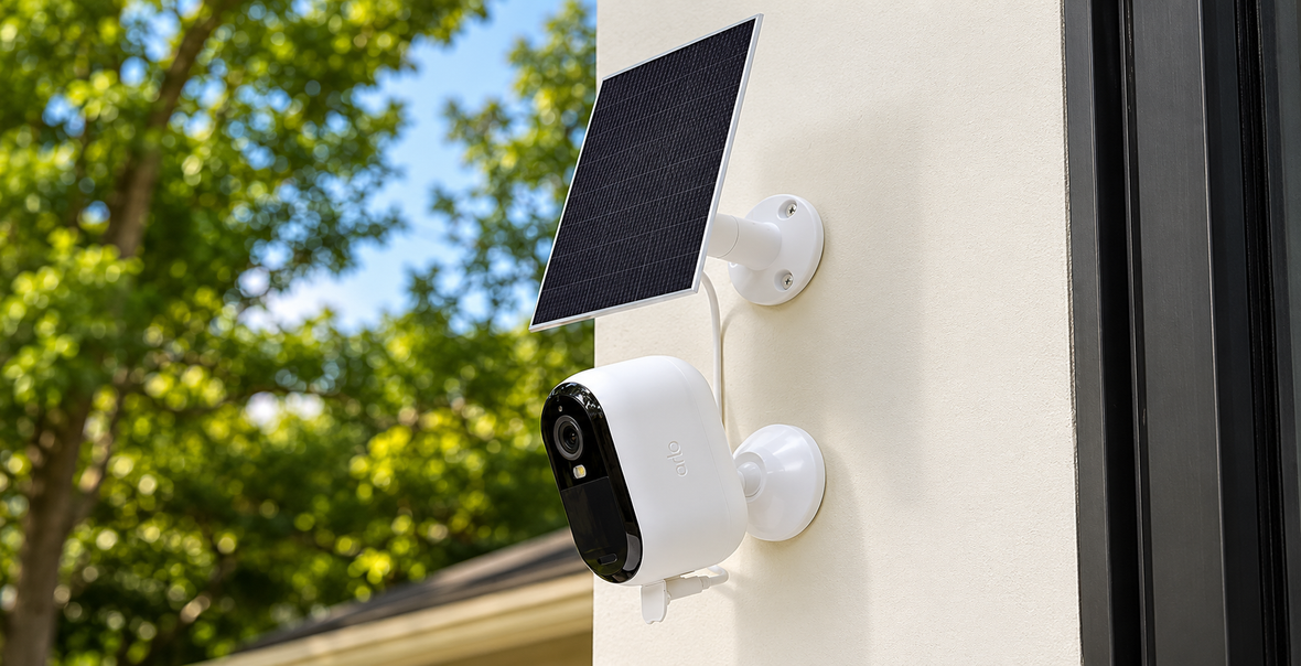 White Arlo security camera with solar panel mounted on a residential exterior wall.