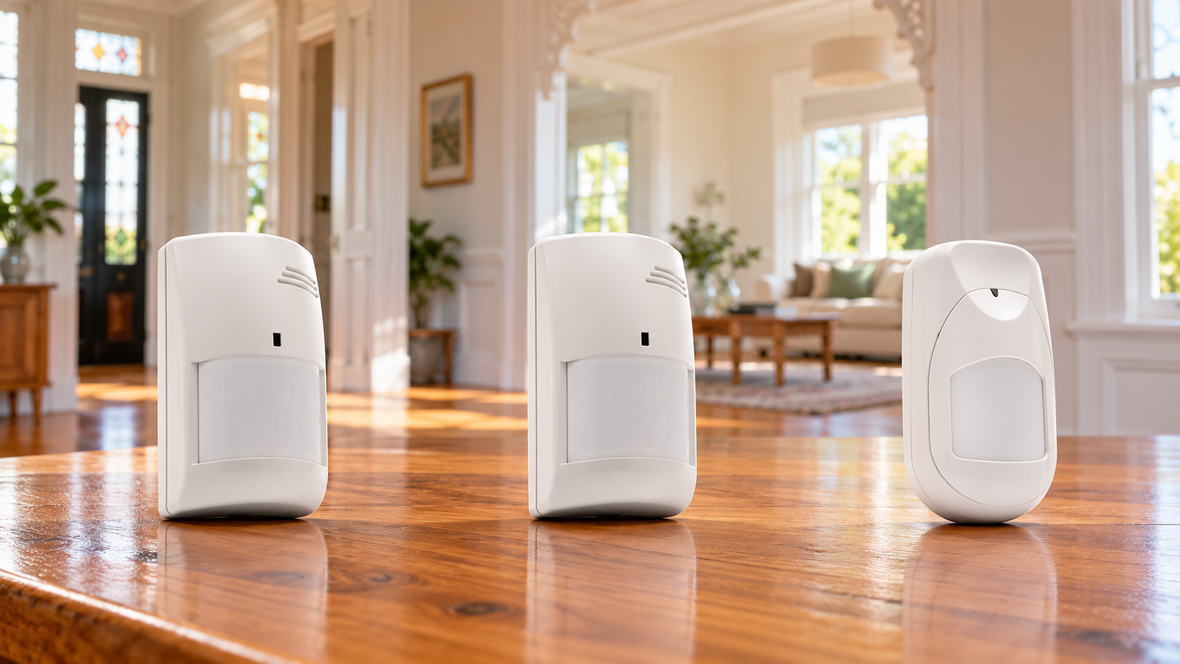 Three white RISCO alarm motion detectors displayed against a softly blurred New Zealand villa interior.