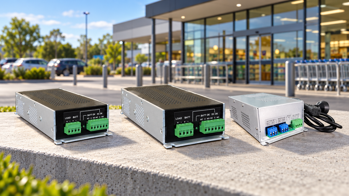 Three Powerbox security power supplies with green and blue terminal blocks displayed against a blurred supermarket exterior.