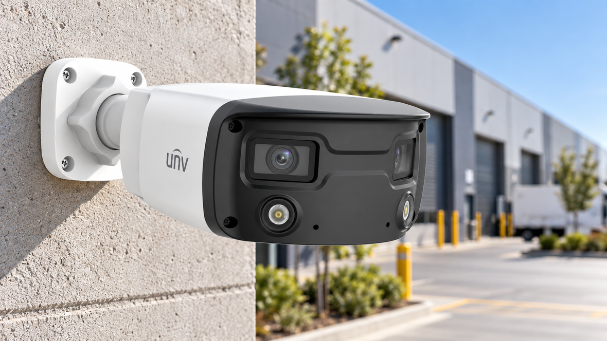 UNV bullet security camera mounted outside a commercial building in New Zealand.