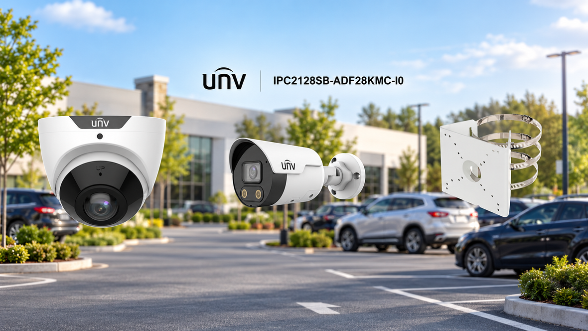 UNV dome and bullet security cameras with pole mounting bracket displayed over a commercial car park background in New Zealand.