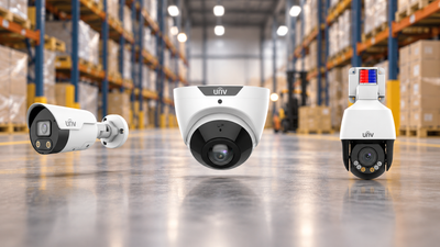 UNV bullet, turret and PTZ security cameras displayed against a modern commercial warehouse background.