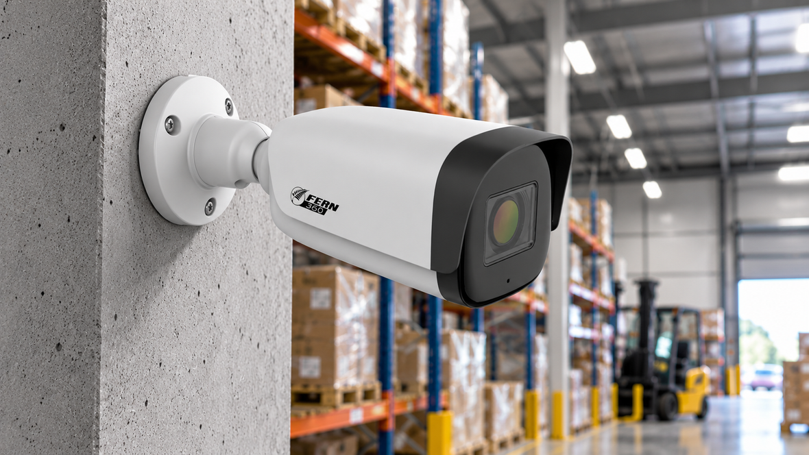 FERN360 bullet security camera mounted on a concrete warehouse pillar overlooking pallet racking and a forklift.