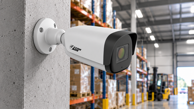FERN360 bullet security camera mounted on a concrete warehouse pillar overlooking pallet racking and a forklift.