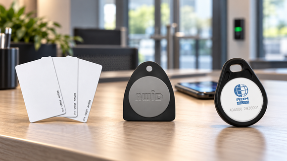 Access cards and AWID and RBH key fobs on an office desk, with a smartphone and blurred door access reader behind them.