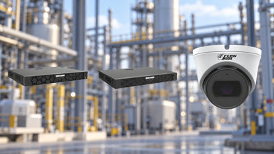 UNV network video recorders and a FERN360 turret security camera against a blurred industrial plant background.