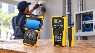 CCTV field tester and network cable tester on a workbench, with a technician installing a security camera in the blurred background.