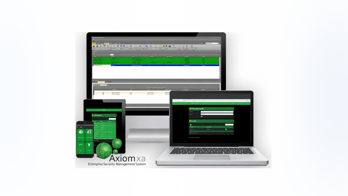 RBH Axiomxa access control management software displayed across desktop, laptop, tablet and smartphone screens for NZ security integrators.